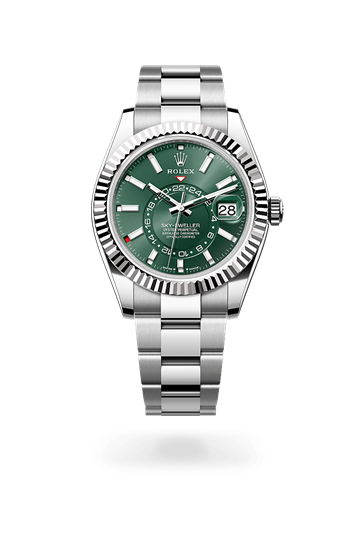Sky-Dweller * Oyster, 42 mm, Oystersteel and white gold with a Mint green Fluted, bidirectional rotatable Rolex Ring Command bezel and Oyster, three-piece solid links bracelet