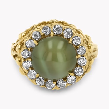 1960s Cabochon Cut Green Chrysoberyl Cat's Eye and Diamond Ring