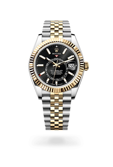 Sky-Dweller * Oyster, 42 mm, Oystersteel and yellow gold with a Champagne-colour Fluted, bidirectional rotatable Rolex Ring Command bezel and Oyster, three-piece solid links bracelet