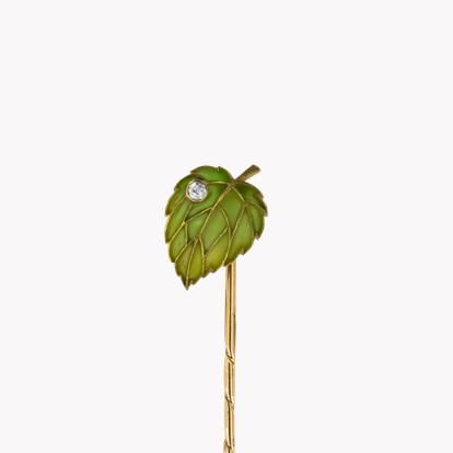 Art Nouveau Diamond Plique a Jour Green Leaf Stick Pin