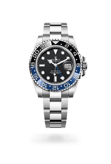 GMT-Master II * Oyster, 40 mm, Oystersteel with a Black Bidirectional rotatable 24-hour graduated bezel. Two-colour blue and black Cerachrom insert in ceramic, moulded numerals and graduations bezel and Oyster, three-piece solid links bracelet