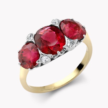 Victorian Burmese Ruby Three Stone Ring 5.22ct in Platinum and 18ct Yellow Gold