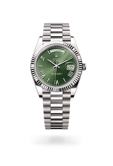 Day-Date 40 * Oyster, 40 mm, white gold with a Olive green Fluted bezel and President, semi-circular three-piece links bracelet