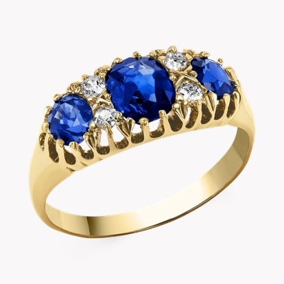 Victorian 1.69ct Sapphire and Diamond Three Stone Ring in 18ct Yellow Gold