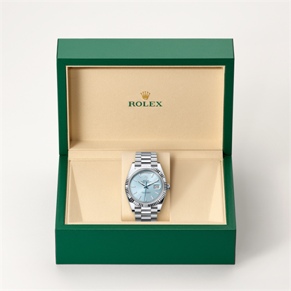 Day-Date 40, Oyster, 40 mm, platinum watch inside presentation box