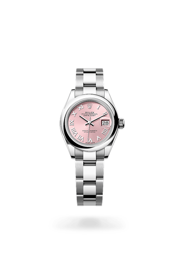 Lady-Datejust * Oyster, 28 mm, Oystersteel with a Pink Domed bezel and Oyster, three-piece solid links bracelet