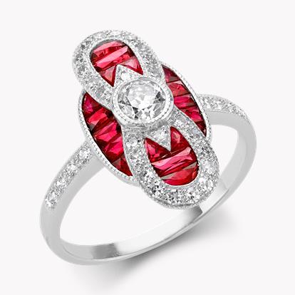 Art Deco Inspired Ruby & Diamond Figure of Eight Dress Ring in 18ct White Gold