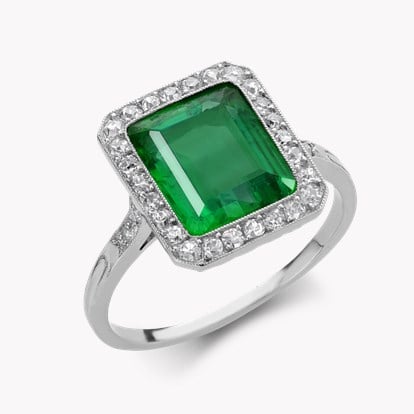 Edwardian 2.80ct Colombian Emerald and Diamond Cluster Ring in Platinum