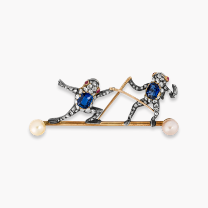 Victorian Sapphire, Diamond and Ruby Fencing Frogs Brooch