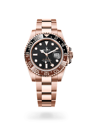 GMT-Master II * Oyster, 40 mm, Everose gold with a Tiger iron Bidirectional rotatable 24-hour graduated bezel. Two-colour brown and black Cerachrom insert in ceramic, moulded numerals and graduations bezel and Oyster, three-piece solid links bracelet
