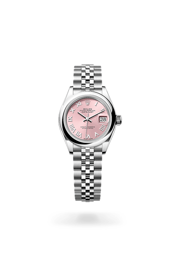 Lady-Datejust * Oyster, 28 mm, Oystersteel with a Pink Domed bezel and Jubilee, five-piece links bracelet