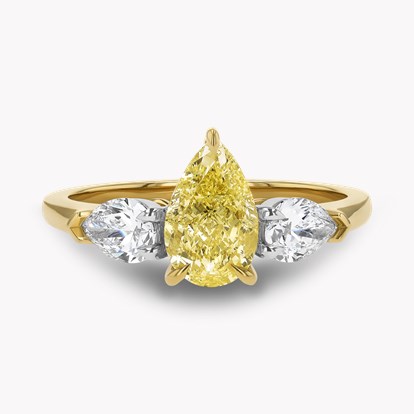 Pear Shaped 1.36ct Fancy Intense Yellow Three Stone Diamond Ring in 18ct Yellow Gold and Platinum