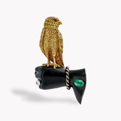 1950s Cartier Diamond, Emerald and Enamel Falcon Brooch in 18ct Yellow Gold