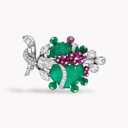 Art Deco Cartier Emerald, Diamond and Ruby Tutti Frutti Brooch in Platinum