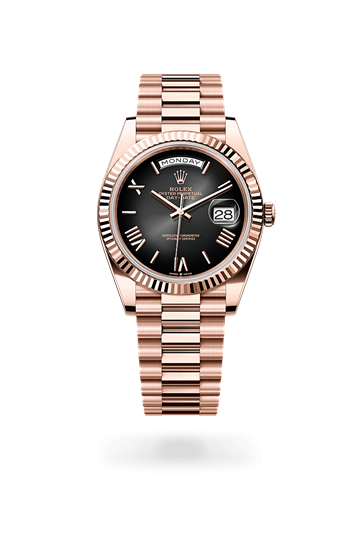 Day-Date 40 * Oyster, 40 mm, Everose gold with a Slate ombré Fluted bezel and President, semi-circular three-piece links bracelet