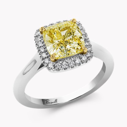 Cushion Cut 2.57ct Fancy Yellow Diamond Cluster Ring in Platinum