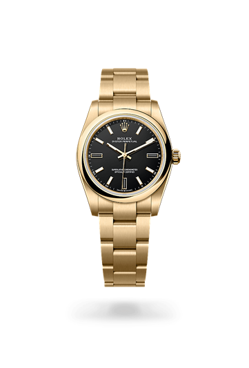 Oyster Perpetual 34 * Oyster, 34 mm, yellow gold with a Black Domed bezel and Oyster, three-piece solid links bracelet