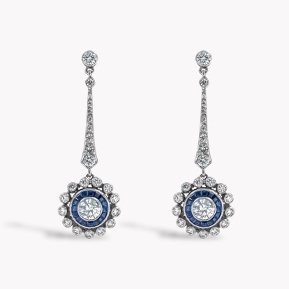 Art Deco Inspired Brilliant Cut Diamond and Sapphire Target Style Drop Earrings in Platinum
