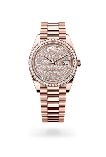 Day-Date 40 * Oyster, 40 mm, Everose gold and diamonds with a Diamond-paved Diamond-set bezel and President, semi-circular three-piece links bracelet