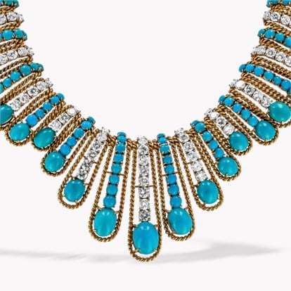 1940s Cartier Cabochon Cut Turquoise and Diamond Necklace