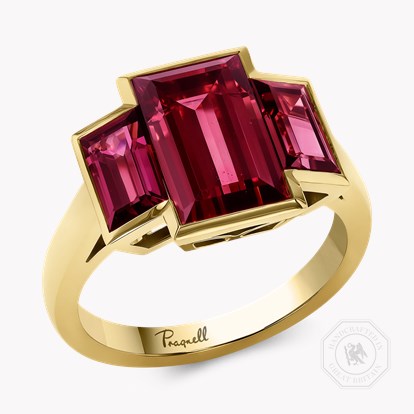 Kingdom 5.95ct Rhodolite Garnet Three Stone Ring in 18ct Yellow Gold