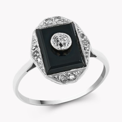 Art Deco Old Cut Mine Diamond and Onyx Cluster Ring