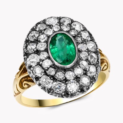 Victorian Oval Cut 0.60ct Emerald and Diamond Cluster Ring