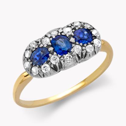 Victorian Sapphire & Diamond Three Stone Ring - Brilliant Cut 0.64ct in 18ct Yellow Gold & Silver