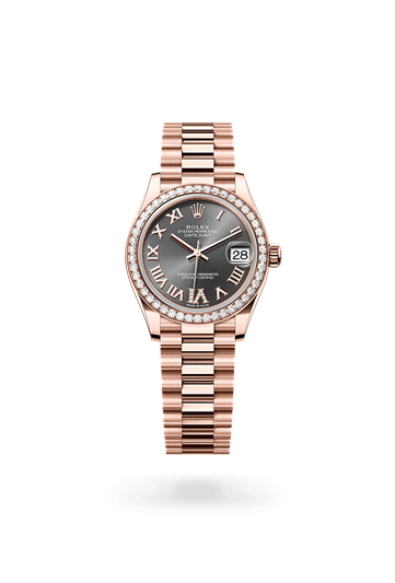 Datejust 31 * Oyster, 31 mm, Everose gold and diamonds with a White mother-of-pearl set with diamonds Diamond-set bezel and President, semi-circular three-piece links bracelet