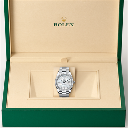 Day-Date 40, Oyster, 40 mm, platinum and diamonds watch inside presentation box