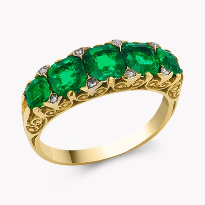 Victorian Octagonal Cut 2.00ct Emerald and Diamond Ring In 20ct Yellow Gold
