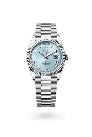 Day-Date 36 * Oyster, 36 mm, platinum with a Ice blue Fluted bezel and President, semi-circular three-piece links bracelet