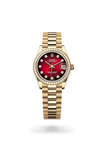 Datejust 31 * Oyster, 31 mm, yellow gold and diamonds with a Red ombré set with diamonds Diamond-set bezel and President, semi-circular three-piece links bracelet