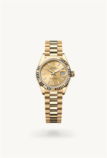 Lady-Datejust * Oyster, 28 mm, yellow gold with a White mother-of-pearl set with diamonds Fluted bezel and President, semi-circular three-piece links bracelet