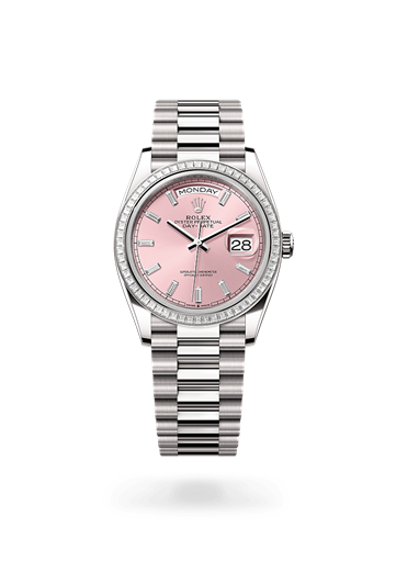 Day-Date 36 * Oyster, 36 mm, white gold and diamonds with a Pink set with diamonds Set with diamonds bezel and President, semi-circular three-piece links bracelet