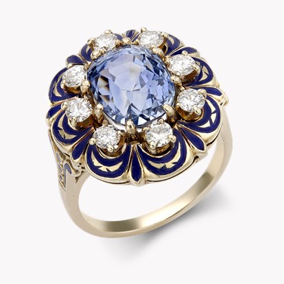 Retro American Victorian Revival Sapphire, Diamond & Enamel Ring 5.80ct in 14ct Yellow Gold