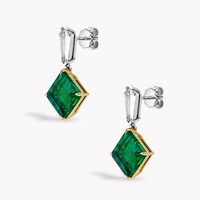 Square Cut Zambian Emerald and Diamond Drop Earrings