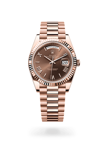 Day-Date 40 * Oyster, 40 mm, Everose gold with a Slate ombré Fluted bezel and President, semi-circular three-piece links bracelet