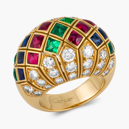 Retro Cartier Ruby, Sapphire, Emerald and Diamond Bombé Ring
