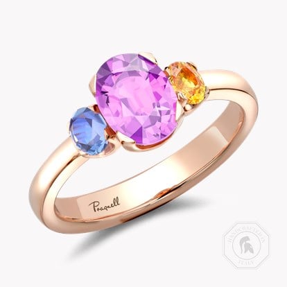 Rainbow Fancy Sapphire Three-Stone Ring 1.77ct in 18ct Rose Gold