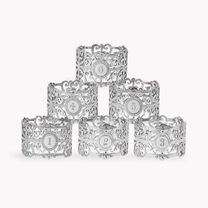 Silver Set of Six Numbered Decorative Napkin Rings