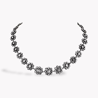 Victorian 6.62ct Native Cut Diamond Floral Cluster Necklace in 15ct Rose Gold & Silver