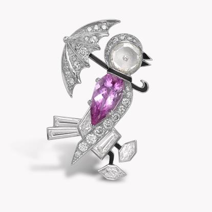 Pink Topaz & Diamond Bird Brooch 10.25ct in 18ct White Gold