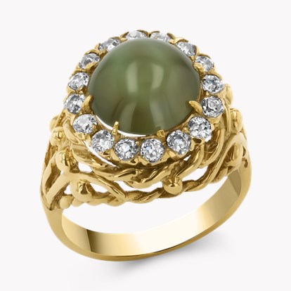 1960s Cabochon Cut Green Chrysoberyl Cat's Eye and Diamond Ring