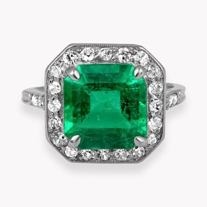 Edwardian Octagonal Cut 3.17ct Emerald and Diamond Ring