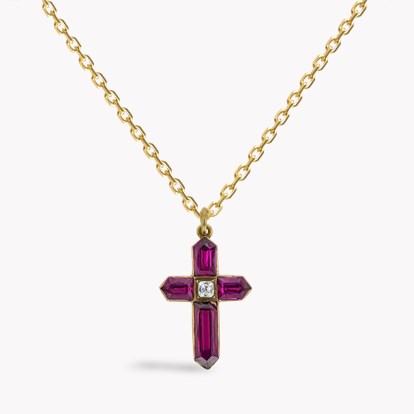 Victorian Bullet Cut Garnet and Diamond Cross Pendant