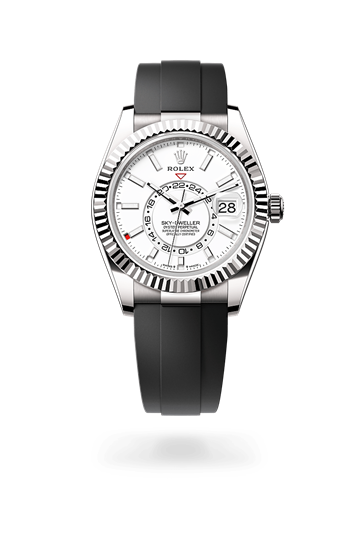 Sky-Dweller * Oyster, 42 mm, white gold with a Bright black Fluted, bidirectional rotatable Rolex Ring Command bezel and Oysterflex bracelet