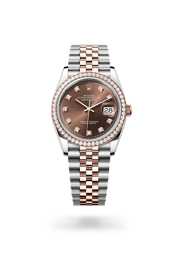Datejust 36 * Oyster, 36 mm, Oystersteel, Everose gold and diamonds with a White mother-of-pearl set with diamonds Diamond-set bezel and Jubilee, five-piece links bracelet