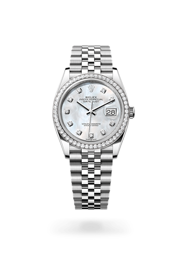 Datejust 36 * Oyster, 36 mm, Oystersteel, white gold and diamonds with a White mother-of-pearl set with diamonds Diamond-set bezel and Jubilee, five-piece links bracelet