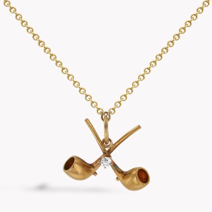 Victorian Old Cut Diamond Crossed Pipes Pendant in 18ct Yellow Gold